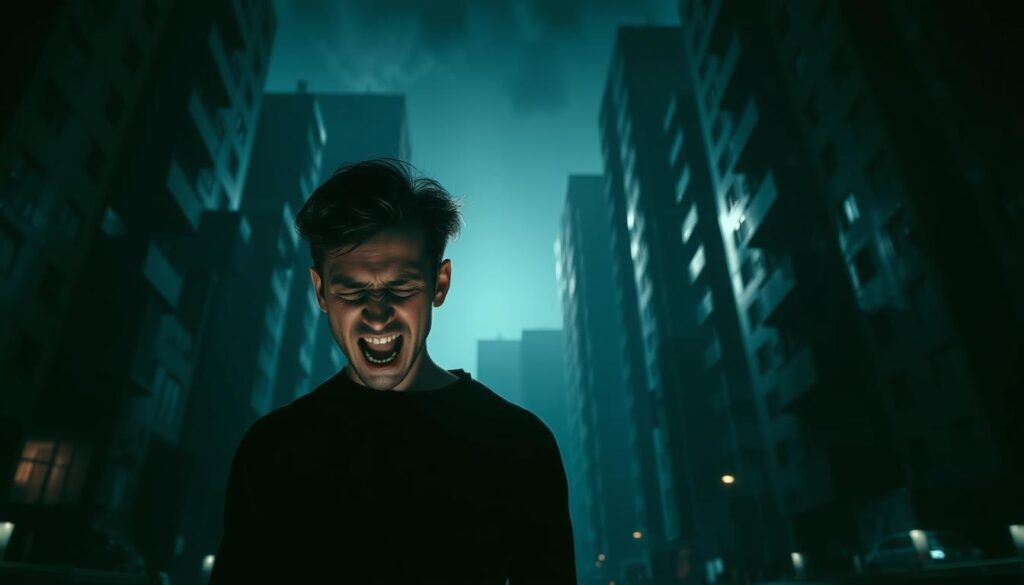 A dimly lit urban setting, with looming shadows and a sense of unease. In the foreground, a person stands alone, their face contorted in a expression of sheer terror, hands clutching their head as if gripped by an overwhelming panic. The background is a maze of disorienting, angular buildings, casting an ominous presence. Dramatic lighting casts harsh shadows, heightening the sense of dread and anxiety. The overall atmosphere is one of overwhelming fear and a loss of control, perfectly capturing the essence of "causes panic".