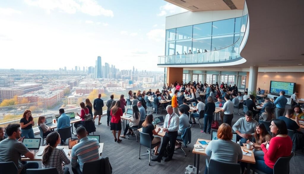 A diverse array of career-advancing courses sprawl across a vibrant, modern campus. In the foreground, groups of students engage in lively discussions, hands-on workshops, and presentations, showcasing the interactive and immersive nature of the learning experience. The middle ground features state-of-the-art lecture halls and collaborative workspaces, with large windows allowing natural light to flood the spaces. In the background, a panoramic view of the city skyline sets the scene, conveying a sense of urban sophistication and opportunity. The overall atmosphere is one of intellectual dynamism, professional development, and a commitment to expanding horizons through innovative, expert-led online learning solutions.