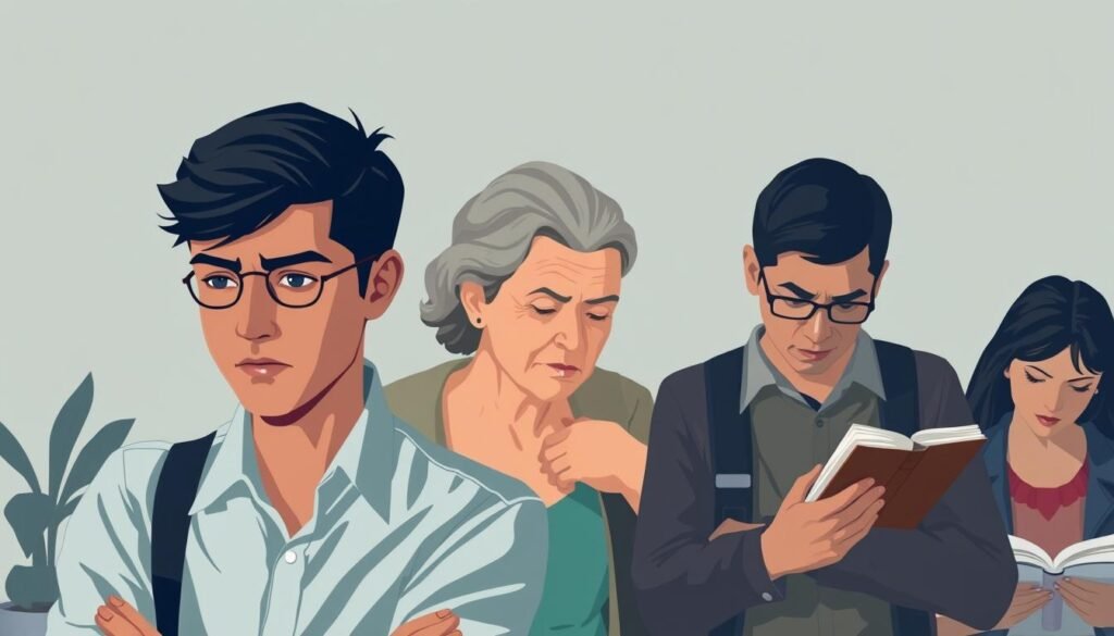 A diverse group of individuals, each facing the burdens of chronic stress, depicted in a stylized, realistic illustration. In the foreground, a young professional in a high-pressure office setting, shoulders hunched, brow furrowed. In the middle ground, a caregiver tending to an elderly parent, the weight of responsibility evident in their eyes. In the background, a student navigating the demands of academic life, anxiously poring over books. Subtle shadows and muted tones convey the pervasive nature of stress, while strategic lighting highlights the unique challenges faced by these distinct demographics. Captured through a cinematic, documentary-style lens, the image conveys the universality of chronic stress and its far-reaching impact.