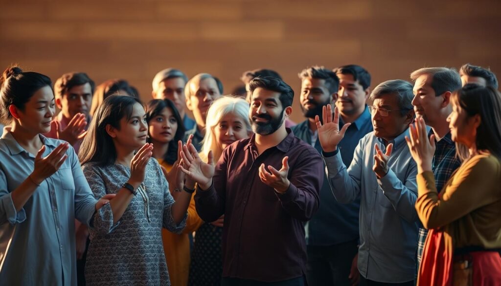 A diverse group of people from various cultural backgrounds, standing together and gesturing expressively with their hands and faces. The scene is illuminated by warm, natural lighting, captured from a slightly elevated angle to showcase the nuanced body language and interactions. The figures are rendered in a realistic, detailed style, inviting the viewer to observe the subtle differences and similarities in their nonverbal communication. An atmosphere of cultural exchange and understanding permeates the image, reflecting the theme of "الفروق الثقافية في لغة الجسد".