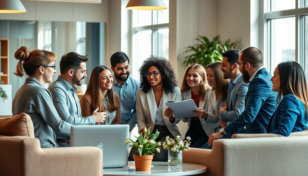 A diverse group of professionals collaborating in a modern, well-lit office environment. The scene depicts employees of various ages and backgrounds engaged in lively discussion, sharing ideas and working together towards a common goal. Warm, natural lighting illuminates the space, creating a productive and welcoming atmosphere. Sleek, minimalist furniture and decor complement the open, airy layout, facilitating effective teamwork and communication. The overall composition conveys the importance of emotional intelligence, cooperation, and synergy in a dynamic workplace setting.