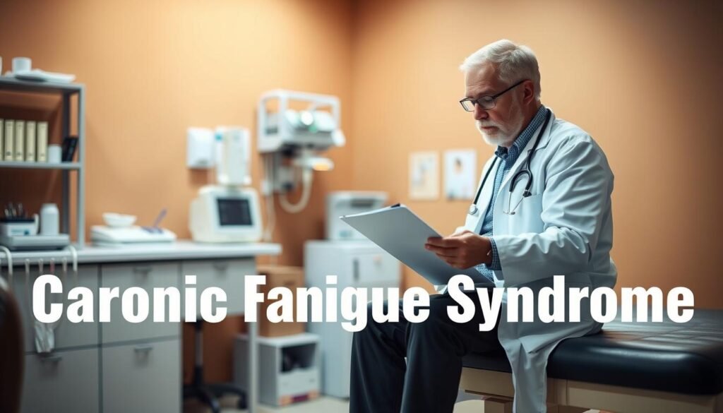 A doctor's office with a warm, clinical ambiance. In the foreground, a patient sits on an examination table, their expression contemplative as the doctor reviews their medical file. Soft, diffused lighting bathes the scene, creating an atmosphere of quiet introspection. In the middle ground, various medical instruments and equipment suggest the diagnostic process. The background features soothing earth-toned walls, conveying a sense of calm and professionalism. The overall composition and lighting aim to capture the thoughtful, investigative nature of diagnosing Chronic Fatigue Syndrome.