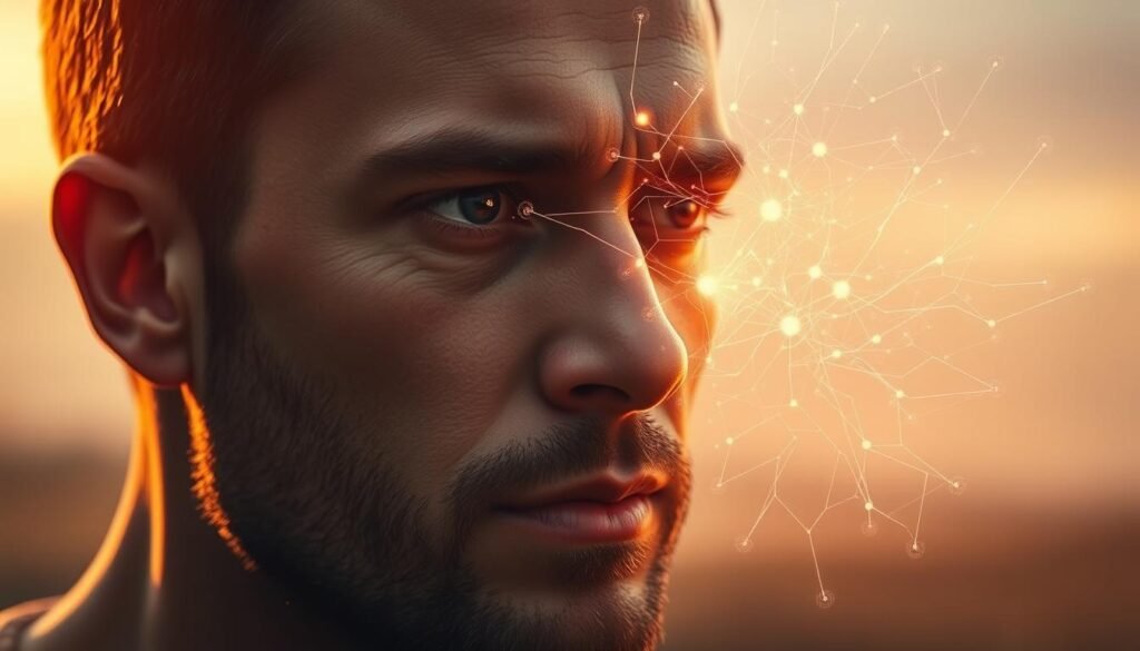 A dramatic close-up of a man's face, illuminated by a warm, amber light. His expression is one of intense focus, as if deep in thought. In the foreground, a hazy, glowing network of neural pathways and hormonal signals radiates outward from his head, symbolizing the biological processes governing his emotional state. The background is a soft, blurred landscape, emphasizing the internal, psychological nature of the scene. The overall mood is one of introspection and the profound, unseen forces that shape the human experience of love.