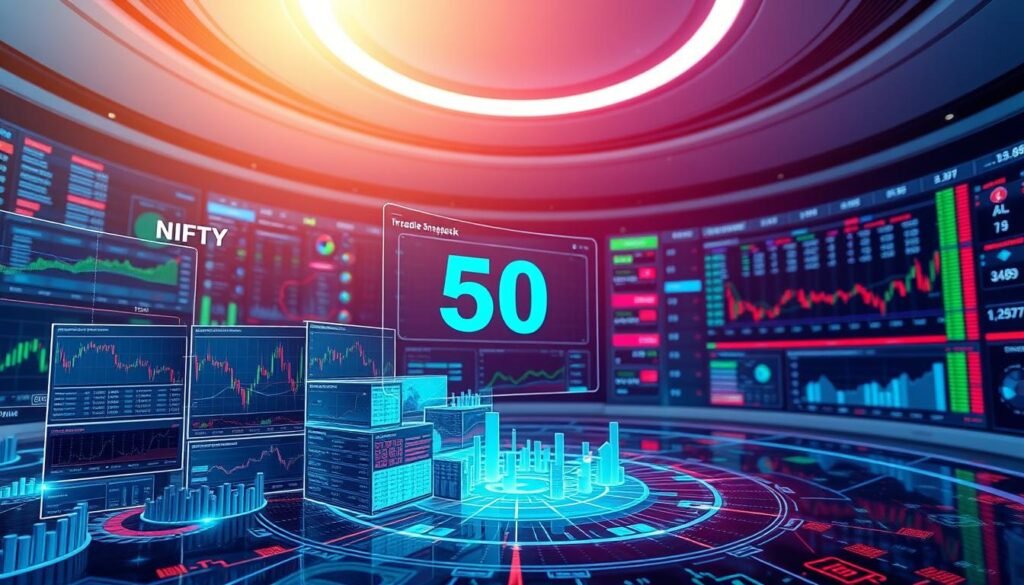 A dynamic and vibrant visual representation of "Nifty 50 trading strategies" in an immersive 3D environment. The foreground features a cluster of stock charts, graphs, and performance indicators, showcasing the intricate complexities of Nifty 50 trading. In the middle ground, a holographic dashboard displays real-time market data, technical analysis tools, and customizable trading models. The background is a sleek, futuristic trading floor, with large panoramic screens and a minimalist aesthetic, creating a sense of technological sophistication. The lighting is a subtle blend of warm and cool tones, evoking a sense of focus and concentration. The overall composition conveys the precision, dynamism, and expertise required for successful Nifty 50 trading strategies.