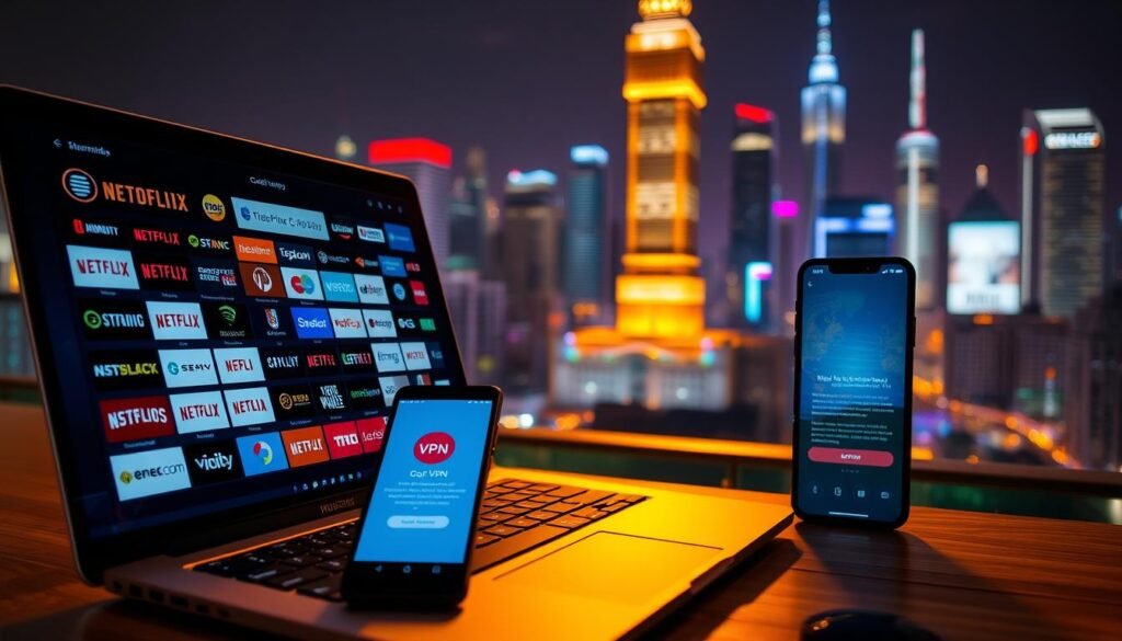 A dynamic global content streaming scene. In the foreground, a laptop displaying a diverse array of streaming platform logos and content thumbnails, illuminated by a warm, golden lighting. In the middle ground, a smartphone with a VPN interface, symbolizing the ability to access geo-restricted content. In the background, a vibrant cityscape with skyscrapers and neon lights, representing the worldwide reach of content distribution. The scene conveys a sense of technological savvy, international accessibility, and the limitless possibilities of modern media consumption.