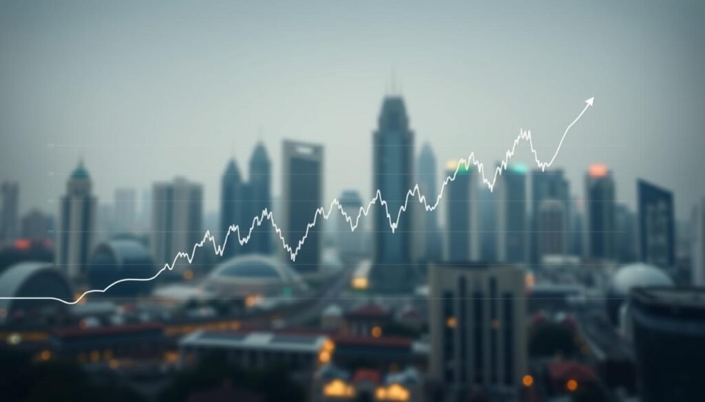 A dynamic stock market chart depicting the fluctuations of the Nifty index, the leading stock market indicator in India. The chart is rendered in a sleek, minimalist style, with clean lines and a muted color palette of grays, blues, and greens. The chart is positioned in the foreground, occupying a central position and dominating the frame. In the background, a hazy, out-of-focus cityscape with high-rise buildings suggests the bustling financial district. The overall atmosphere conveys a sense of stability, precision, and the constant ebb and flow of the market. The lighting is soft and diffused, creating a sophisticated, professional ambiance.