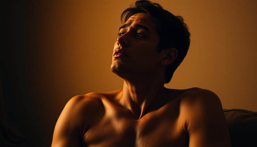 A full-body portrait of a person in a relaxed yet expressive pose, conveying a range of emotions through their body language and facial expression. The figure is illuminated by warm, diffused lighting from the side, creating subtle shadows and highlights that accentuate the contours of the body. The background is slightly blurred, with a sense of depth and atmosphere, allowing the viewer to focus on the emotional state of the subject. The overall mood is contemplative and introspective, reflecting the theme of the article on the connection between emotions, the body, and behavior.