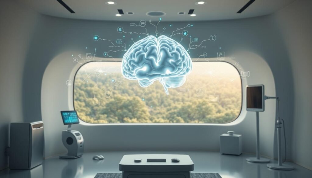 A futuristic brain visualization interface hovers in a serene, minimalist workspace. Softly glowing neural pathways pulsate with digital energy, overlaid with intuitive data visualizations and holographic controls. Sleek, silver-toned medical devices and monitoring sensors are arranged in an ergonomic layout, creating an immersive environment for holistic brain wellness analysis and optimization. Diffuse, ambient lighting casts a soothing, clinical glow, while a panoramic window looks out onto a verdant, natural landscape, fostering a sense of harmony between technology and the natural world. This innovative NeuroVizr system represents the cutting edge of neuroscience, empowering users to take charge of their brain health and performance.