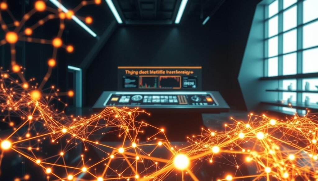 A futuristic neural network visualizer, featuring a glowing, interconnected lattice of luminous pathways and pulsing nodes. The foreground displays intricate, branching synaptic signals, their warm neon hues casting a soft, ambient glow. In the middle ground, a sleek, minimalist control panel with intuitive touch interfaces and holographic overlays. The background depicts a dimly lit, high-tech laboratory, with sleek, angular architecture and a sense of technological sophistication. The overall scene conveys the cutting-edge nature of NeuroVizr's neurotechnology, blending form and function to create a visually stunning and immersive experience.