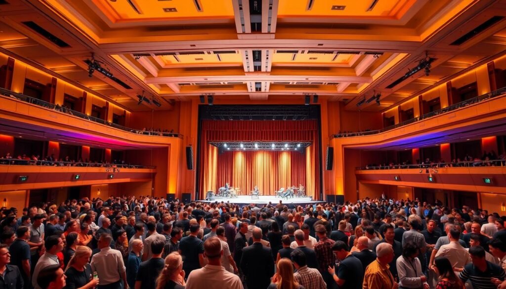 A grand, sprawling event venue bathed in warm, golden lighting. In the foreground, a diverse crowd of attendees mingling and conversing, their faces animated with excitement. In the middle ground, a raised stage flanked by elegant drapes and state-of-the-art audio-visual equipment, ready to host the inspirational keynote speakers. The background is a panoramic view of the venue's architecture, featuring high ceilings, sweeping arches, and sleek, modern design elements. An atmosphere of intellectual stimulation, personal growth, and a sense of community permeates the scene, reflecting the premium, transformative nature of the Mindvalley A-Fest event.