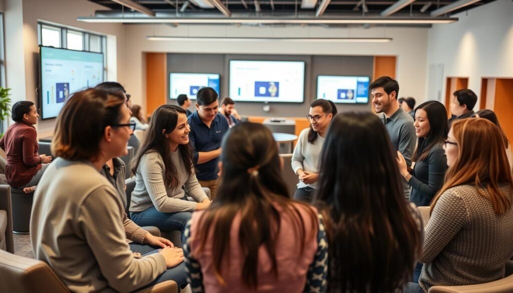 A group of diverse individuals collaborating in a cohort-based learning environment. In the foreground, students engage in dynamic discussions, sharing ideas and insights. The middle ground features a modern, interactive classroom setting with comfortable furniture and large screens displaying visual aids. The background showcases a warm, well-lit space with large windows, promoting a sense of openness and connection. The overall atmosphere is one of engaged, collaborative learning, fostering a sense of community and a shared pursuit of knowledge.