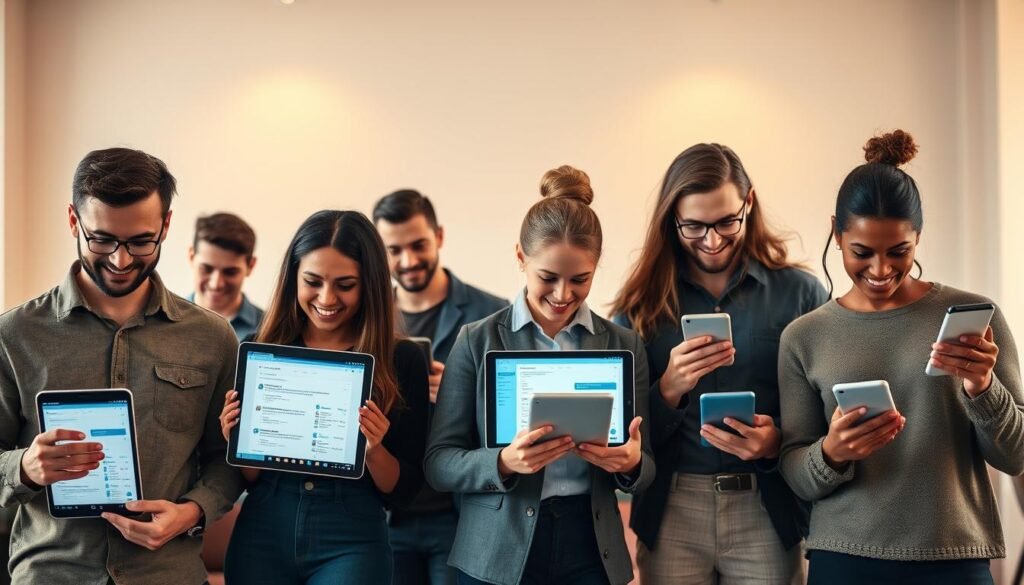 A group of diverse individuals, each using their own task management app on various devices, against a backdrop of a clean, minimalist office space. Warm, natural lighting illuminates the scene, creating a calm and productive atmosphere. The apps showcased should be visually appealing, with intuitive interfaces and features tailored to the needs of different user types, such as students, freelancers, and small business owners. The overall composition should convey the idea of efficient task management for a wide range of users, in line with the article's subject and section title.