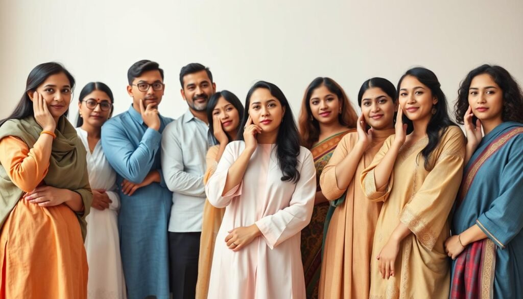 A group of diverse individuals in traditional cultural attire, each with a hand on their cheek, conveying the subtle differences in body language across cultures. Soft, natural lighting illuminates their thoughtful expressions as they stand in a minimalist, art gallery-inspired setting. The scene captures the nuanced cultural variations in the simple gesture of hand-on-cheek, inviting the viewer to explore the rich tapestry of global perspectives.