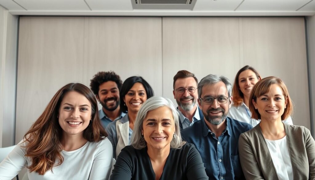 A group of native English tutors teaching online lessons in a well-lit, professional setting. The tutors, diverse in age and gender, are shown in a medium shot, facing the camera and engaged with their students. The background features a clean, modern virtual classroom backdrop with subtle textures and neutral colors, creating a focused and distraction-free environment. Soft, directional lighting illuminates the tutors' faces, conveying a sense of warmth and approachability. The camera angle is slightly elevated, giving the viewer a natural, eye-level perspective. The overall mood is one of expertise, attentiveness, and a commitment to effective online English instruction.