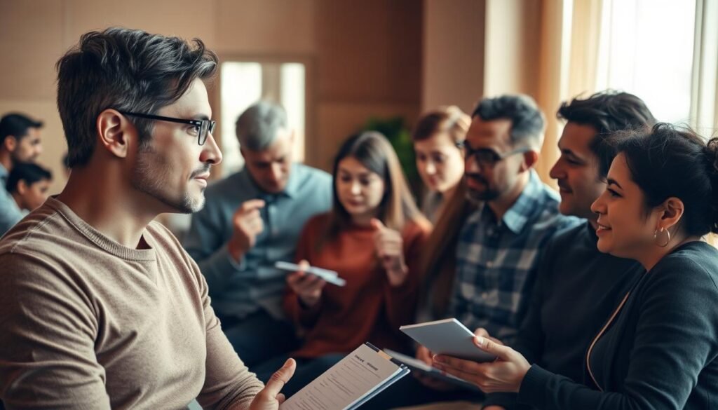 A group of people engaged in active listening, their faces attentive and focused. The foreground depicts a man and woman making eye contact, their body language open and receptive. In the middle ground, a diverse group of individuals nodding, taking notes, and leaning in to better hear one another. The background showcases a warm, softly lit interior, with natural textures and neutral tones creating a calming, reflective atmosphere. Soft, diffused lighting illuminates the scene, emphasizing the connection and understanding between the participants. The overall composition conveys the essence of productive, empathetic communication.