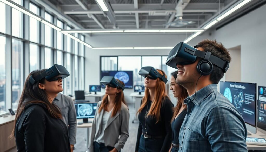 A group of people using NeuroVizr, a neural visualization technology, in a modern, well-lit office setting. The foreground features several individuals deeply engaged with virtual reality headsets, their expressions reflecting a sense of wonder and discovery. The middle ground showcases a range of visualization tools and interactive displays, while the background depicts a sleek, minimalist workspace with large windows overlooking a cityscape. The overall atmosphere conveys a sense of exploration, innovation, and the seamless integration of technology into the user experience.