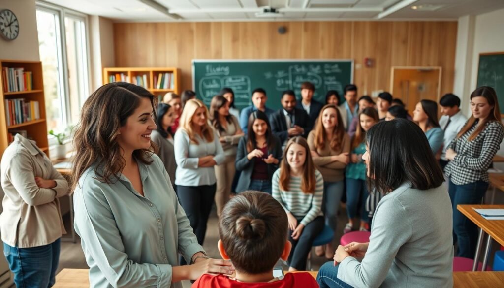 A group of professional teachers and community tutors gathered in a warm, inviting classroom setting. In the foreground, two tutors engage with a small group of students, their expressions focused and encouraging. In the middle ground, a diverse array of tutors stand or sit, gesturing as they explain concepts to individuals or small teams. The background features a well-stocked bookshelf, a large chalkboard, and natural light streaming in through large windows, creating a calm and productive atmosphere. The lighting is soft and flattering, highlighting the dedication and expertise of the educators as they guide their students towards success.