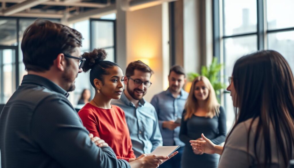A group of professionals engaged in emotional intelligence training in a modern office setting. In the foreground, a trainer guides a team through a collaborative exercise, their expressions conveying engagement and empathy. In the middle ground, employees discuss insights, their body language open and attentive. The background features warm, natural lighting filtering through large windows, evoking a calming, productive atmosphere. The scene reflects the importance of cultivating emotional awareness and interpersonal skills in today's dynamic workplace.