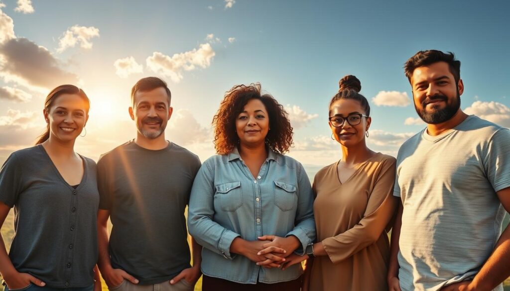 A group of resilient individuals stand tall, their expressions calm and assured. Warm sunlight filters through clouds, casting a soft glow on their faces. In the middle ground, they support one another, hands clasped in solidarity. The background depicts a serene landscape, with rolling hills and a distant horizon, symbolizing the expansive possibilities ahead. The scene conveys a sense of inner strength, adaptability, and the ability to navigate life's challenges with grace and determination.