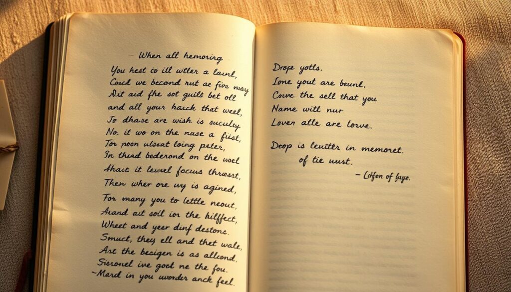 A handwritten journal page with the lyrics of a melancholic song, written in a flowing cursive script against a soft, muted backdrop. The pages are worn and weathered, evoking a sense of emotional depth and nostalgia. The lyrics speak of bittersweet memories, conveying a mix of sadness, longing, and a glimmer of hope. The lighting is warm and gentle, casting a golden hue that highlights the delicate texture of the paper. The overall composition is intimate and introspective, inviting the viewer to reflect on the complex emotions expressed through the written words.