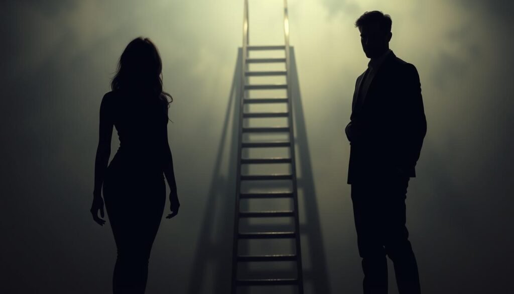 A high-contrast, cinematic scene depicting the gender dynamics in relationships. In the foreground, two figures, one masculine and one feminine, stand side by side, their body language and subtle gestures conveying a sense of tension and power dynamics. The feminine figure leans in slightly, while the masculine figure stands tall and authoritative. The middle ground features a ladder-like structure, symbolic of the "Ladder Theory" concept, with each rung representing the different stages of a relationship. The background is hazy and out of focus, casting a moody, introspective atmosphere. Dramatic lighting casts long shadows, highlighting the contrast between the two figures. The overall tone is one of contemplation and exploration of the complexities of gender roles in relationships.