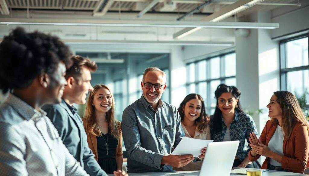 A high-performing team gathered in a bright, modern office setting. In the foreground, colleagues collaborate animatedly, their body language radiating energy and engagement. Midground, a team leader guides the discussion, their empathetic expression reflecting emotional intelligence. The background features sleek, minimalist decor, with natural light streaming in through large windows, creating a serene, productive atmosphere. The overall scene conveys a sense of synergy, trust, and collective impact, illustrating the powerful role of emotional intelligence in elevating team performance.