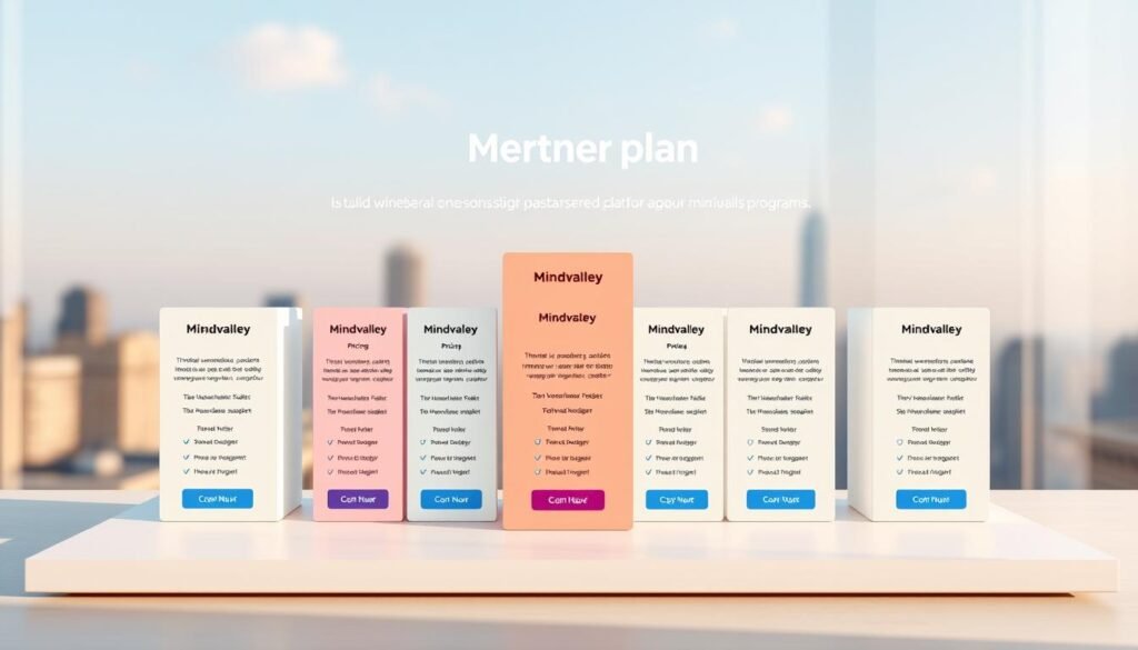 A high-quality, 3D rendered image of various Mindvalley membership plans presented on a sleek, minimalist platform with a clean, modern design. The plans are displayed in the foreground, showcasing their key features and pricing tiers in a clear, organized manner. The background features a soft, blurred cityscape or nature scene, creating a serene and professional atmosphere. The lighting is soft and natural, highlighting the details of the plans without casting harsh shadows. The camera angle is slightly elevated, giving the viewer a clear and comprehensive view of the offerings. The overall mood is one of clarity, accessibility, and the promise of personal growth and transformation through Mindvalley's programs.
