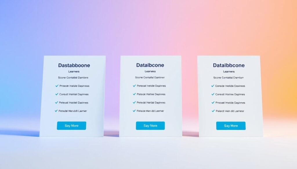 A high-quality, detailed rendering of DataCamp's pricing plans for learners. In the foreground, three distinct pricing tiers are presented on sleek, minimalist cards against a clean, white background. The middle ground showcases a row of thoughtfully arranged icons and checkmarks, highlighting the key features of each plan. In the background, a soft, blurred gradient of DataCamp's signature colors (blue, purple, and orange) creates a subtle, professional atmosphere. The lighting is soft and evenly distributed, emphasizing the clarity and legibility of the plan details. The camera angle is slightly elevated, giving the viewer a comprehensive overview of the pricing structure.