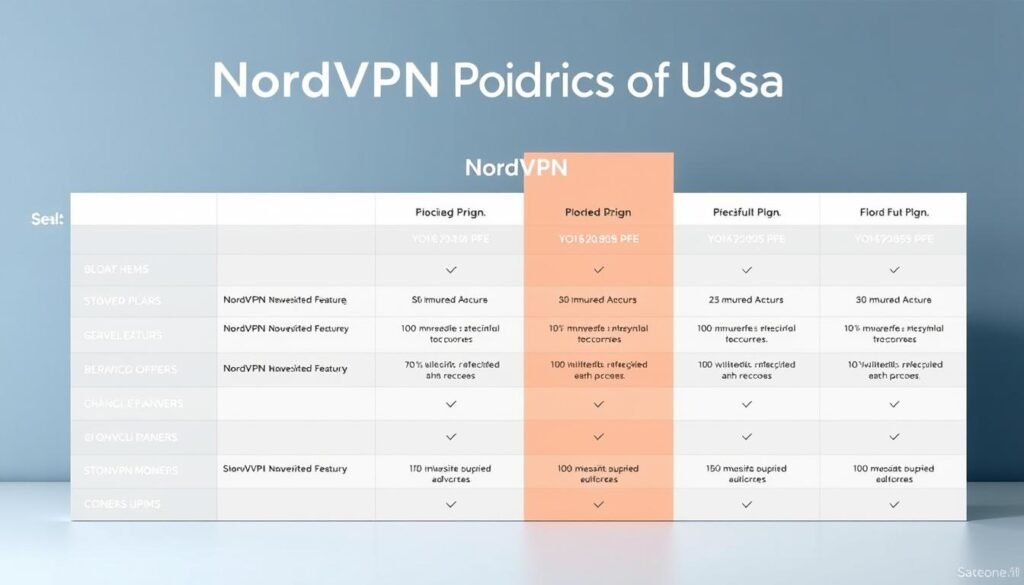 A high-resolution, detailed comparison table showcasing the various NordVPN plan options for USA users. The table is set against a clean, minimalist background with subtle gradients or textures, allowing the plan details to take center stage. The table is crisp and well-organized, presenting the plan names, pricing, features, and any relevant offers or discounts in a clear, easy-to-read format. The overall aesthetic is modern, professional, and inviting, drawing the viewer's attention to the key information needed to determine the best NordVPN plan for their needs.