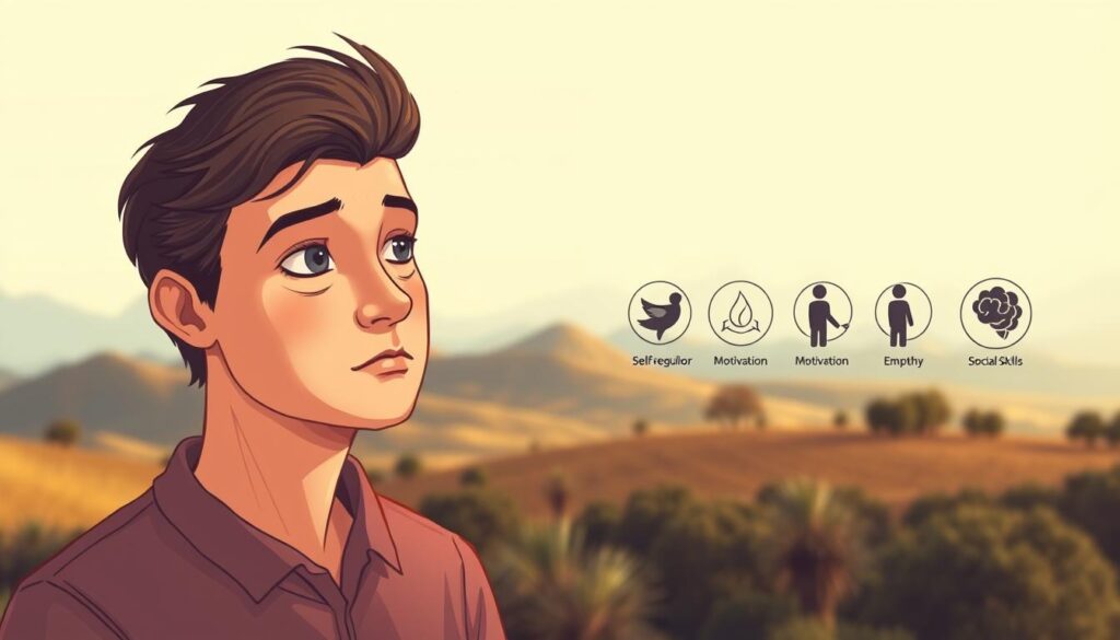 A highly detailed illustration depicting the core components of emotional intelligence. In the foreground, a central figure representing self-awareness, with thoughtful expression and introspective gaze. Surrounding it, icons symbolizing self-regulation, motivation, empathy, and social skills, each with distinctive visual cues. The middle ground features a serene, contemplative landscape, evoking the tranquil mindset associated with emotional intelligence. The background showcases a softer, warm color palette, conveying the harmonious and insightful nature of this psychological construct. Lighting is soft and diffused, creating a sense of depth and atmosphere. The overall composition is balanced and visually engaging, effectively communicating the multifaceted aspects of emotional intelligence.