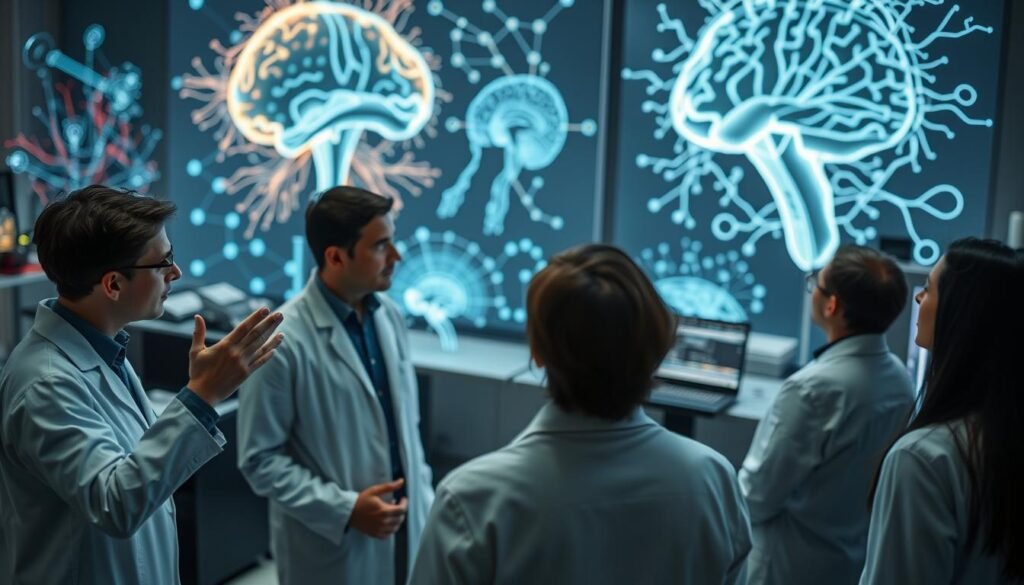 A laboratory setting with scientists and researchers intently studying neural networks and brain activity visualizations projected on large holographic displays. The foreground features a team of experts in deep discussion, gesturing towards the captivating 3D renderings that fill the room. Sophisticated equipment and advanced computing hardware line the workstations, creating an atmosphere of cutting-edge scientific exploration. Soft, diffused lighting casts an introspective glow, while strategic camera angles and depth of field draw the viewer's eye towards the heart of the groundbreaking research powering the NeuroVizr technology.