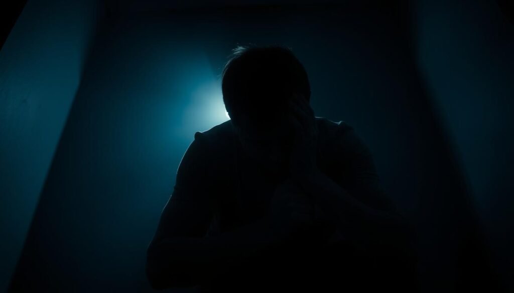 A lone figure huddled in a dimly lit room, their face partially obscured by shadows. Tension radiates from their hunched posture, as if they are struggling to contain an invisible force within. The atmosphere is heavy, punctuated by muted tones and a sense of unease. Soft, diffused lighting casts a moody glow, highlighting the person's furrowed brow and clenched fists. The camera angle is low, creating a sense of vulnerability and emphasizing the overwhelming nature of the silent panic attack. The overall scene conveys a palpable sense of inner turmoil and the overwhelming experience of a silent anxiety episode.