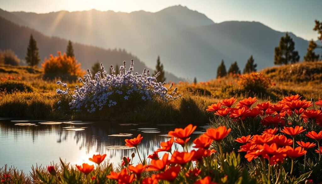 A lush, serene landscape illuminated by warm golden sunlight. In the foreground, a tranquil pond reflects the vibrant hues of red and orange flowers, evoking a sense of comfort and joy. Contrasting this, the middle ground showcases a cluster of cool-toned blue and purple flowers, their petals swaying gently in a soft breeze, radiating a sense of calmness and introspection. In the background, a majestic mountain range is bathed in cool, soothing shades of blue and gray, creating a visually striking yet emotionally balanced composition. The overall scene invites the viewer to experience the profound impact of warm and cool colors on one's mood and psychological well-being.