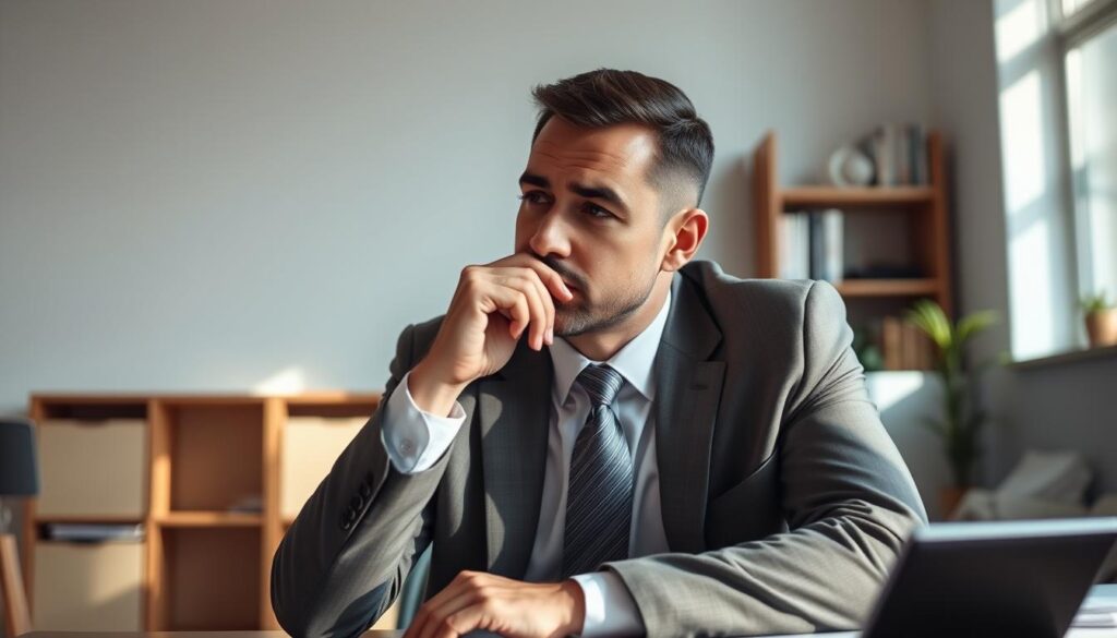 A man in a suit, seated at a desk, deep in thought, gently stroking his chin. The lighting is soft and natural, casting subtle shadows that accentuate the pensive expression on his face. The background is a minimalist office setting, with a bookshelf and a window hinting at the man's contemplative state. The scene conveys a sense of professionalism and intellectual engagement, as the subject considers the complexities of the situation before him. The camera angle is slightly elevated, giving the viewer a bird's-eye perspective and a sense of the man's introspective mood.
