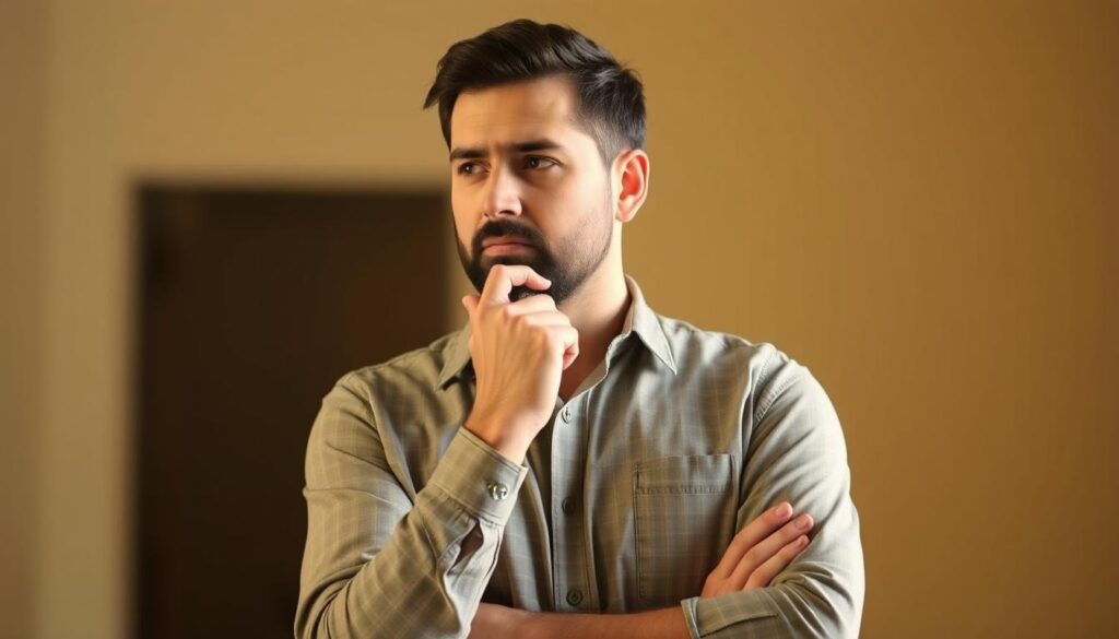 A man standing in a contemplative pose, his hand gently resting on his chin as he ponders. The lighting is soft and warm, creating a thoughtful, introspective atmosphere. His expression is one of deep concentration, as if he is carefully considering his next move. The background is slightly blurred, keeping the focus on the man's gesture and facial expression. The image captures the essence of the section title, "الإيماءات المرتبطة بلمس الذقن," showcasing the nuanced body language associated with chin-touching in a visually compelling way.