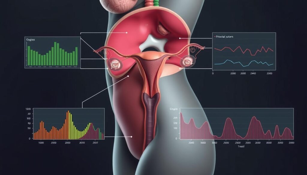 A medical illustration depicting the hormonal fluctuations experienced by women. A cross-section of the human body showcases the endocrine system, with the pituitary gland, ovaries, and uterus prominently featured. Colorful graphs and charts visualize the complex hormonal cycles, highlighting the dynamic changes in estrogen, progesterone, and other key hormones over time. The scene is rendered in a clean, scientific style with muted colors and subtle lighting, conveying a sense of medical precision and professionalism. The overall composition aims to educate and inform, providing a detailed, evidence-based representation of the hormonal processes that can contribute to stress and anxiety in women.