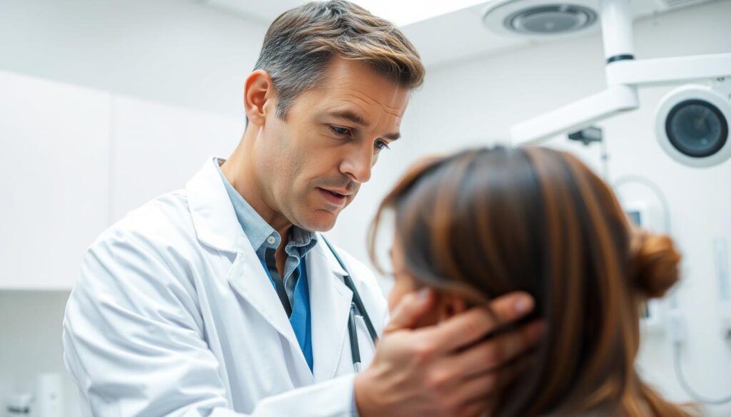 A medical professional in a lab coat examines a patient, intently observing their expressive behavior and emotional responses. The clinical setting is well-lit, with clean white surfaces and modern medical equipment in the background. The doctor's gaze is focused, conveying a sense of careful analysis and diagnosis. The patient's face is slightly obscured, emphasizing the doctor's role in the diagnostic process. The scene evokes a thoughtful, analytical atmosphere, capturing the essence of "Diagnosing Histrionic Personality Disorder".