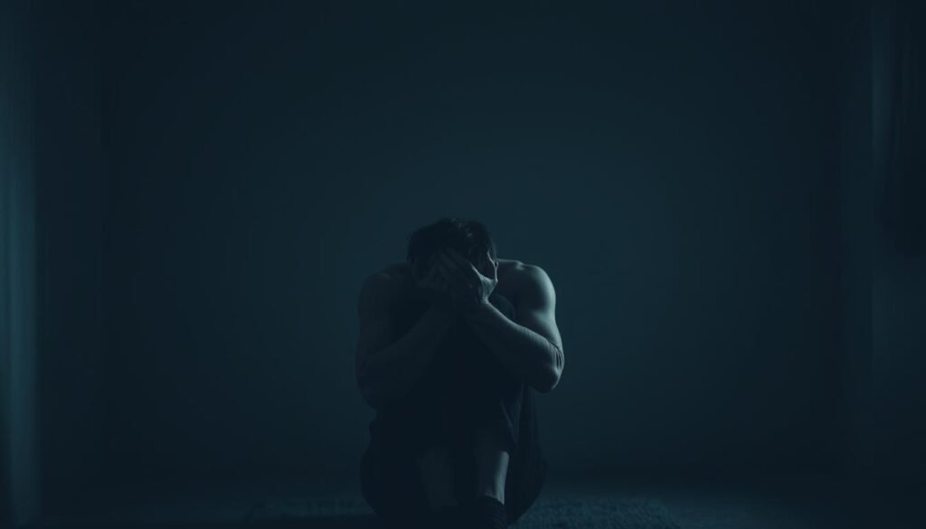 A melancholic figure sits alone in a dimly lit room, their head bowed low, reflecting the weight of persistent depressive disorder. The scene is bathed in a somber, muted palette, with subtle highlights accentuating the subject's forlorn expression. Soft, diffused lighting casts shadows that seem to envelop the individual, conveying a sense of heaviness and emotional turmoil. The background is blurred, creating a sense of isolation and introspection, as if the viewer is privy to a private moment of personal struggle. The composition is balanced, with the figure occupying the central focus, drawing the eye inward to the heart of this chronic condition.