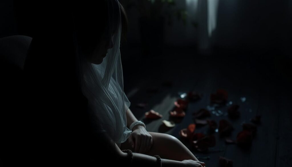 A melancholic woman, her features obscured by a veil of darkness, sits alone in a dimly lit room. The shadows around her deepen, conveying a sense of emotional turmoil and the weight of a painful love. The lighting is somber, casting a moody, chiaroscuro effect that accentuates the despondency on her face. In the background, shattered glass and crumpled petals suggest the remnants of a broken relationship, the once-vibrant love now reduced to fragments. The overall atmosphere is one of melancholy, disillusionment, and the crushing aftermath of a love gone wrong.