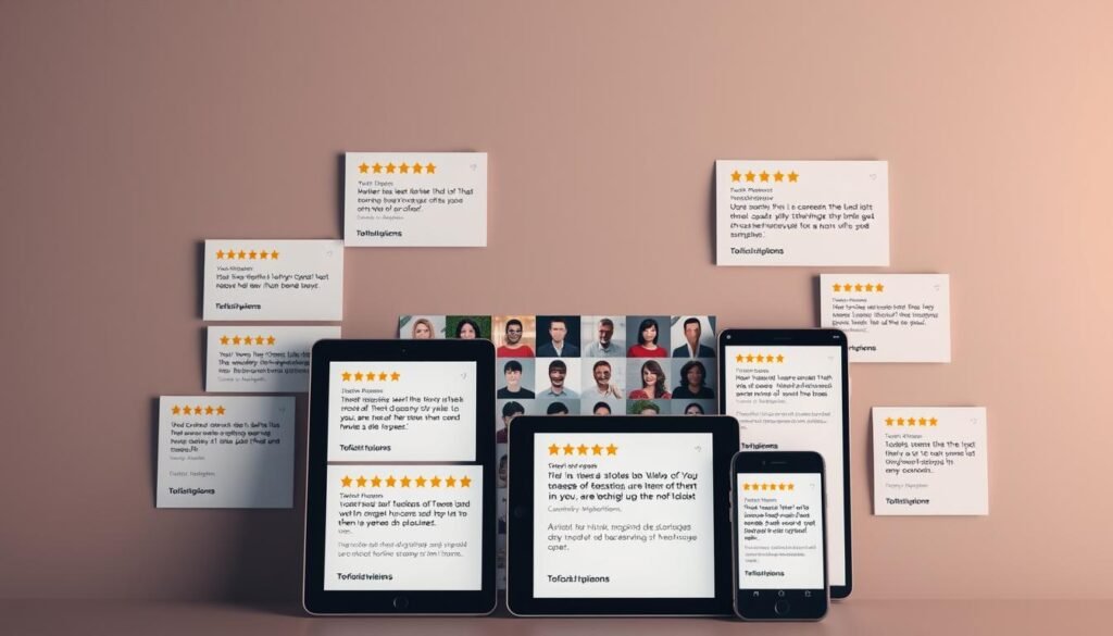 A meticulously crafted collage of user reviews and testimonials, presented on a sleek, minimalist background. In the foreground, an array of neatly arranged tablet and smartphone screens displaying glowing, five-star ratings and enthusiastic feedback. The reviews are vibrant and engaging, capturing the essence of Todoist's simplicity and effectiveness. The middle ground features a subtle grid of user avatars, conveying a sense of community and trust. Subtle lighting from above casts a warm, inviting glow, while the overall composition exudes a professional, yet approachable atmosphere. The image seamlessly blends digital elements with a clean, modern aesthetic, perfectly suited to showcase the user experience of Todoist.