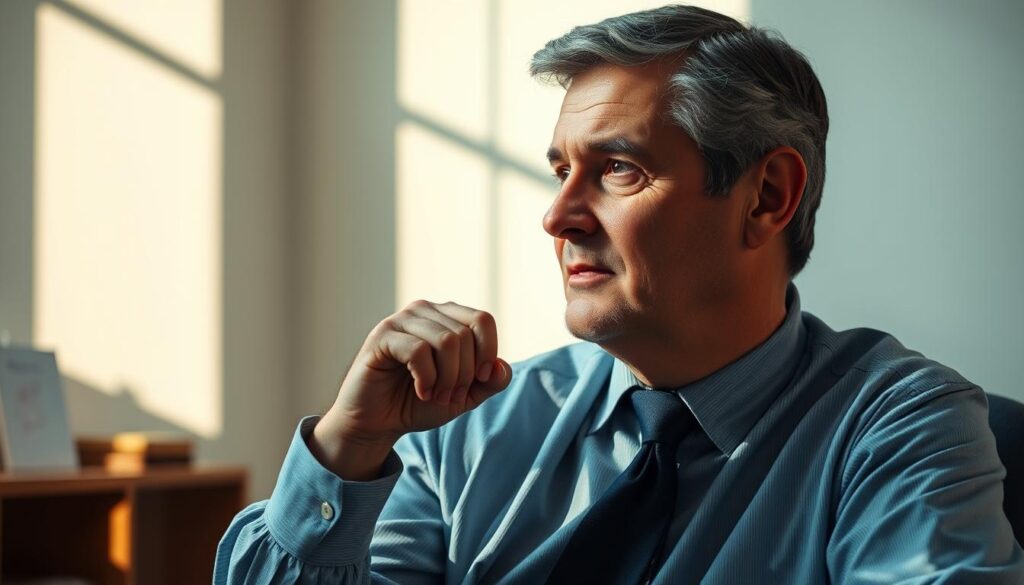 A middle-aged man sitting in a thoughtful pose, his hand gently resting on his chin, elbow propped on a desk or table. The lighting is soft and natural, creating warm shadows that accentuate the contemplative expression on his face. The background is a minimalist office or study setting, with a sense of tranquility and focus. The man's attire is professional, such as a collared shirt and tie, suggesting a thoughtful, intellectual demeanor. The overall mood is one of introspection, as the man appears lost in deep thought, pondering a complex problem or decision.