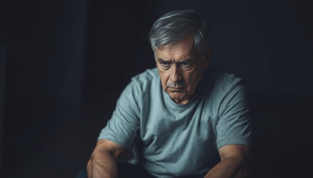 A middle-aged person sitting in a dimly lit room, tension and unease evident in their hunched posture and furrowed brow. The background is hazy, with a sense of confinement and isolation, conveying the oppressive nature of chronic stress. Muted colors and soft, diffused lighting create an atmosphere of emotional strain and physical exhaustion. The subject's gaze is distant, eyes revealing the mental and physical toll of prolonged stress. The composition emphasizes the individual's struggle, capturing the essence of what it means to experience chronic stress.