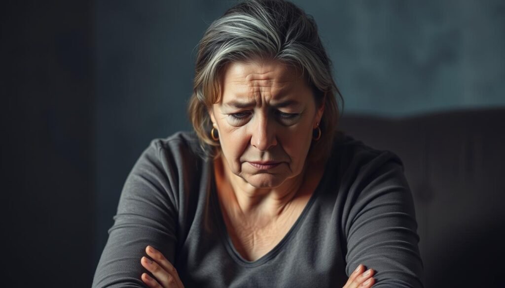 A middle-aged woman sitting in a dimly lit room, her face etched with stress and fatigue. The background is hazy, with muted tones of gray and blue, conveying a sense of emotional heaviness. Her body language is tense, with hunched shoulders and a pensive expression, reflecting the weight of psychological strain. Soft, warm lighting illuminates her features, casting gentle shadows that accentuate the lines of worry on her face. The overall atmosphere is one of introspection and the quiet struggle with inner turmoil, capturing the essence of psychological stress experienced by women.