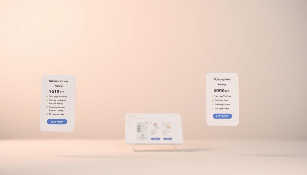 A minimalist, elegant composition showcasing various pricing options for an online language learning platform. In the foreground, clean, rectangular price cards float against a soft, blurred background. The cards display different subscription tiers, with clear, legible pricing details. The middle ground features a stylized, simplified depiction of the platform's user interface, conveying a sense of the learning experience. In the background, a muted gradient creates a sense of depth and focus, allowing the pricing information to take center stage. Subtle, warm lighting casts a gentle glow, enhancing the professional, trustworthy atmosphere. The overall aesthetic is modern, refined, and inviting, reflecting the platform's value proposition.
