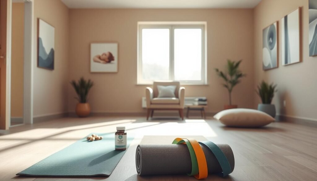 A minimalist medical clinic interior with clean lines and muted colors. In the foreground, various treatment modalities are neatly arranged - a yoga mat, a bottle of supplements, a set of resistance bands, and a meditation cushion. In the middle ground, a comfortable armchair faces a large window, allowing natural light to flood the space. The background features soothing, earthy-toned walls and subtle abstract artwork, creating a calming and restorative atmosphere. The lighting is soft and indirect, evoking a sense of tranquility and healing. The composition is balanced and harmonious, inviting the viewer to imagine themselves exploring the various treatment options for managing chronic fatigue syndrome.