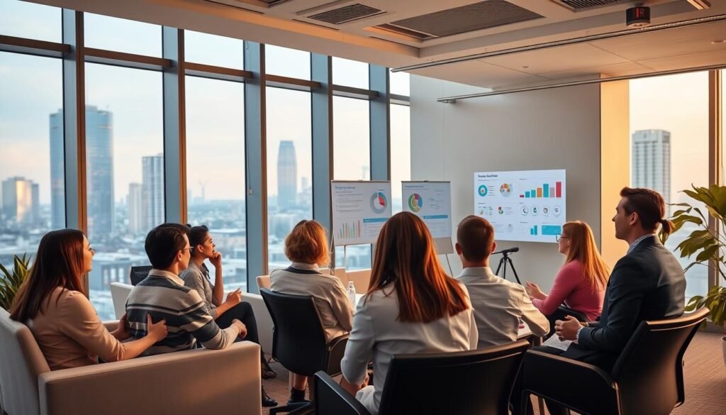 A modern, airy office interior with sleek, minimalist furniture and large windows overlooking a bustling city skyline. In the foreground, a group of professionals engaged in a collaborative training session, their faces animated with discussion and focused attention. Soft, warm lighting illuminates the space, creating a professional yet inviting atmosphere. In the background, infographic displays and visual aids provide a clear, engaging visual framework for the training content. The overall scene conveys a sense of productivity, learning, and business growth through upskilling.