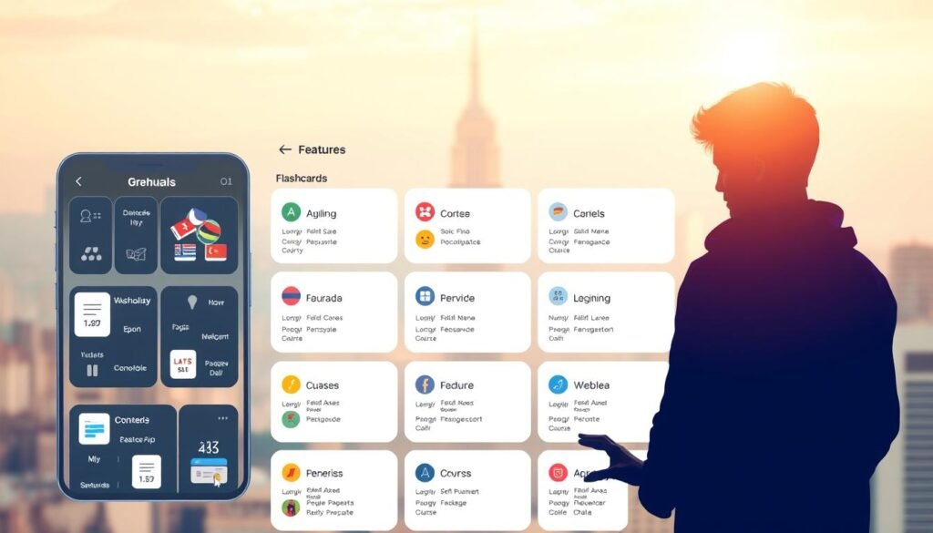 A modern, clean language learning app interface with a warm, inviting aesthetic. In the foreground, a stylized human silhouette interacts with various interactive learning tools - flashcards, vocabulary quizzes, and language practice exercises. The middle ground features a clean grid layout showcasing the app's features and course offerings. The background depicts a blurred cityscape or abstract landscape, conveying a sense of exploration and global connectivity. Soft, natural lighting creates a pleasant, approachable atmosphere. The overall design communicates an intuitive, engaging, and immersive language learning experience.