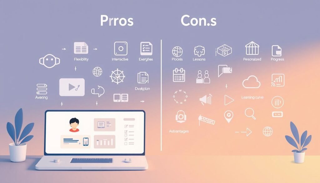 A modern, minimalist illustration depicting the pros and cons of a language learning platform. In the foreground, a clean, simple interface with intuitive controls and a stylized student avatar. The middle ground showcases a range of learning tools and resources, such as video lessons, interactive exercises, and progress tracking. In the background, abstract icons and symbols represent the advantages (e.g., flexibility, affordability, personalized learning) and potential drawbacks (e.g., limited in-person interaction, technological glitches, learning curve) of the platform. The composition is balanced, with a soft, warm lighting that creates a sense of approachability and professionalism. The overall mood is one of clarity, efficiency, and the thoughtful consideration of both the benefits and challenges of online language learning.