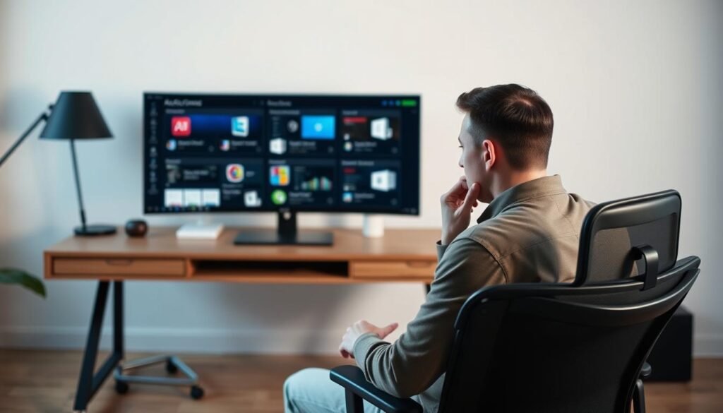 A modern, minimalist office setting with a large wooden desk, a sleek desktop computer, and a comfortable ergonomic chair. In the foreground, a person sits intently, examining various software deals displayed on the computer screen. Soft, directional lighting illuminates the scene, creating subtle shadows and highlights that accentuate the thoughtful expression on the person's face. The background is blurred, creating a sense of focus and concentration on the task at hand. The overall atmosphere conveys a sense of careful consideration and decision-making, reflecting the subject of "Choosing the best lifetime deal."