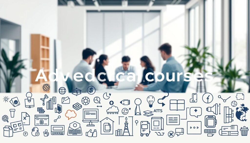 A modern, sleek image showcasing advanced educational courses. In the foreground, various icons and illustrations depict diverse subjects such as business, technology, healthcare, and more, reflecting the breadth of GetSmarter's course offerings. The middle ground features a group of stylized students collaborating on projects, their faces obscured to maintain focus on the courses. The background depicts a clean, minimalist workspace with natural lighting streaming in, creating a serene and productive atmosphere. The overall composition conveys a sense of academic rigor, professional development, and personal growth associated with GetSmarter's advanced educational programs.